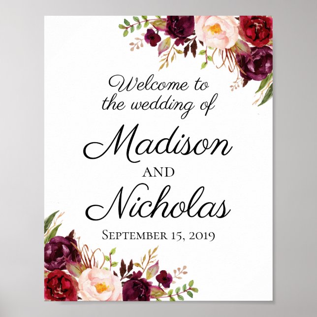 Marsala and Pink Floral Wedding Welcome Sign (Front)