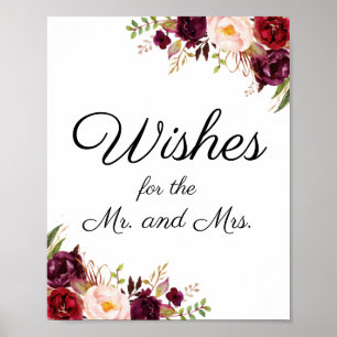 Marsala and Pink Floral Wedding Wishes Sign Poster