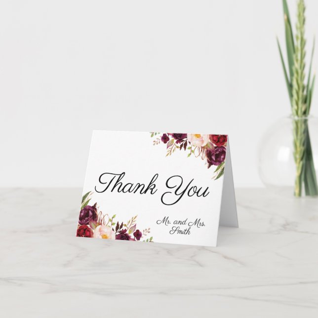 Marsala and Pink Flowers Folded Thank You Cards (Front)