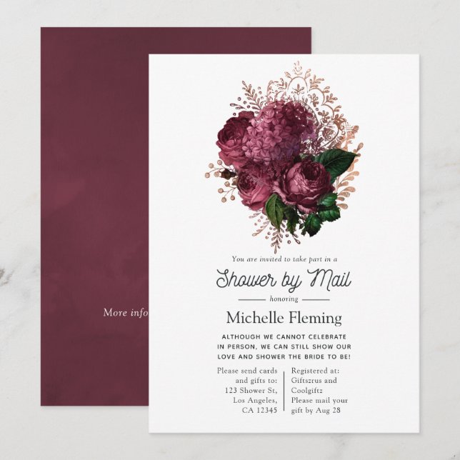 Marsala and Rose Gold Floral Bridal Shower by Mail Invitation (Front/Back)