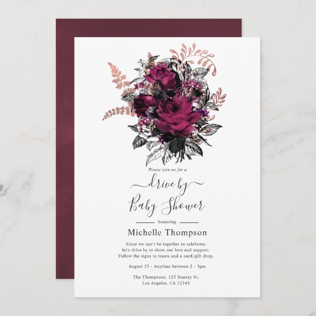Marsala and Rose Gold Floral Drive By Shower Invitation (Front/Back)