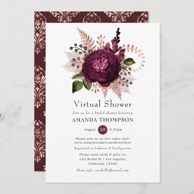 Marsala and Rose Gold Floral Virtual Shower Invitation (Front/Back)
