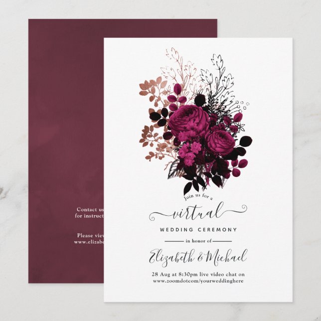Marsala and Rose Gold Floral Virtual Wedding Invitation (Front/Back)