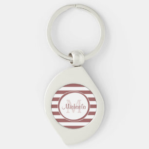 Marsala and White Broad Stripes With Stylish Name Key Ring