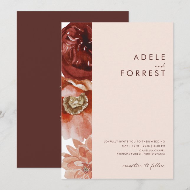 Marsala Autumn Floral | Blush All In One wedding Invitation (Front/Back)