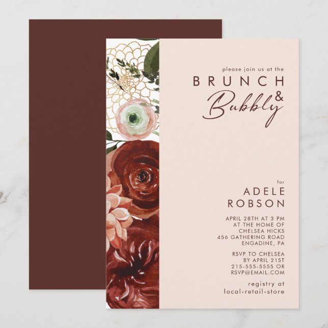 Marsala Autumn Floral | Blush Brunch and Bubbly Invitation (Front/Back)