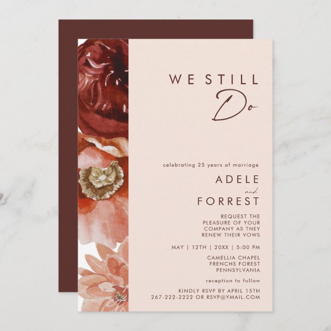 Marsala Autumn Floral | Blush We Still Do Renewal Invitation (Front/Back)