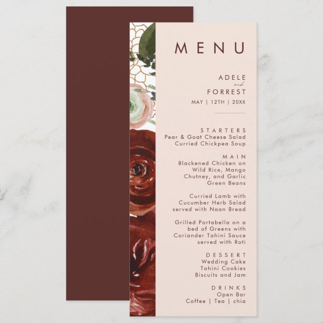Marsala Autumn Floral | Blush Wedding Dinner Menu (Front/Back)