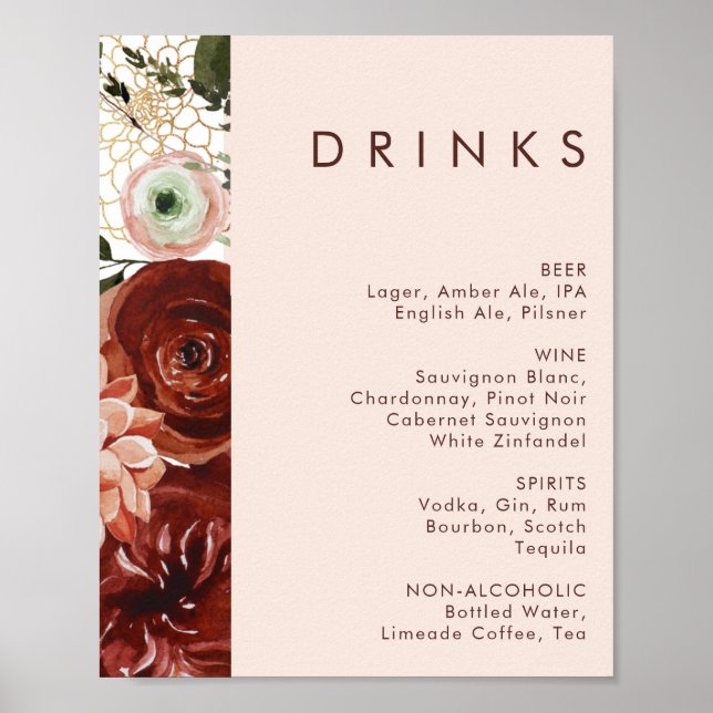 Marsala Autumn Floral | Blush Wedding Drinks Menu Poster (Front)