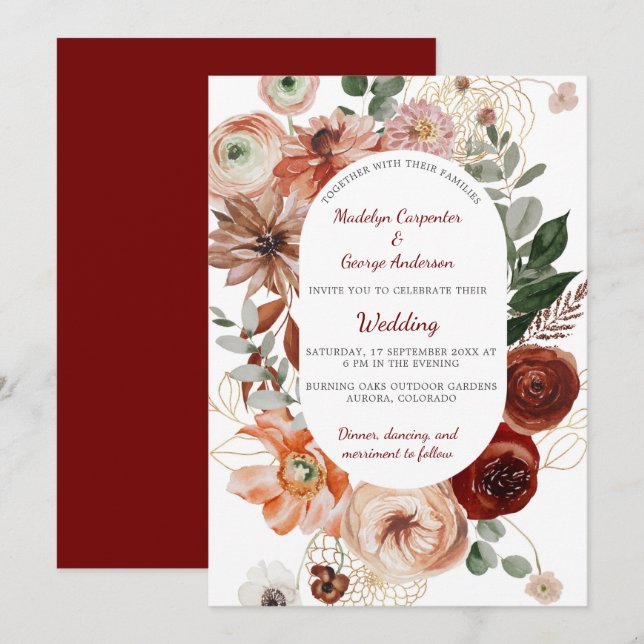 Marsala Autumn Floral Frame Wedding  Invitation (Front/Back)