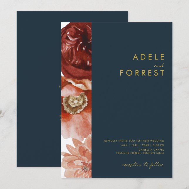 Marsala Autumn Floral | Navy All In One wedding Invitation (Front/Back)