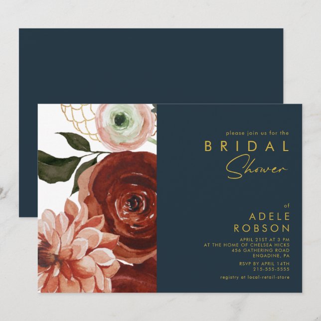 Marsala Autumn Floral | Navy Bridal Shower Invitation (Front/Back)