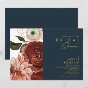 Marsala Autumn Floral Navy Bridal Shower Invitation