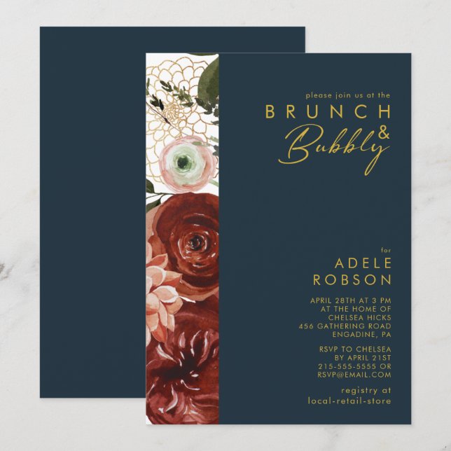 Marsala Autumn Floral | Navy Brunch and Bubbly Invitation (Front/Back)