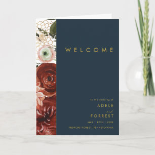 Marsala Autumn Floral Navy Folded Wedding Programme