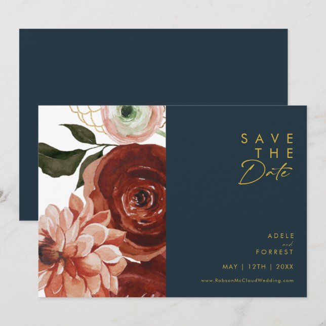Marsala Autumn Floral | Navy Horizontal Save The Date (Front/Back)