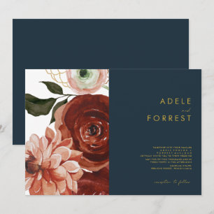 Marsala Autumn Floral   Navy Horizontal Wedding In Invitation