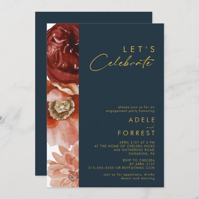 Marsala Autumn Floral | Navy Let's Celebrate Invitation (Front/Back)