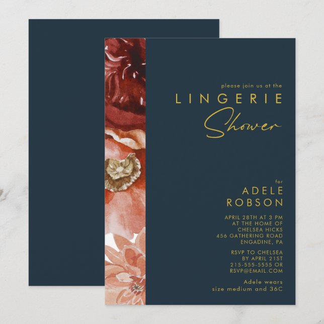 Marsala Autumn Floral | Navy Lingerie Shower Invitation (Front/Back)