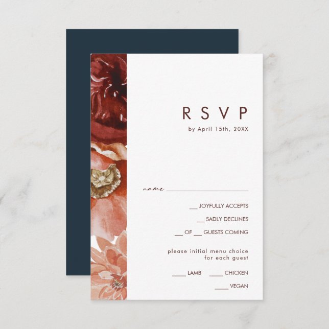 Marsala Autumn Floral Navy Menu Choice RSVP Card (Front/Back)