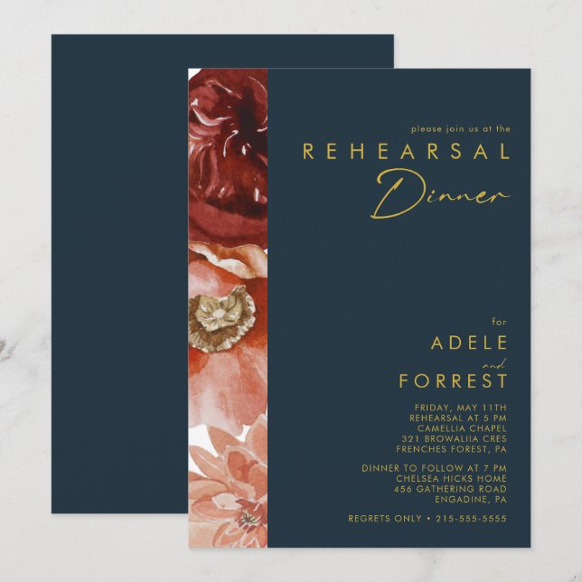 Marsala Autumn Floral | Navy Rehearsal Dinner Invitation (Front/Back)