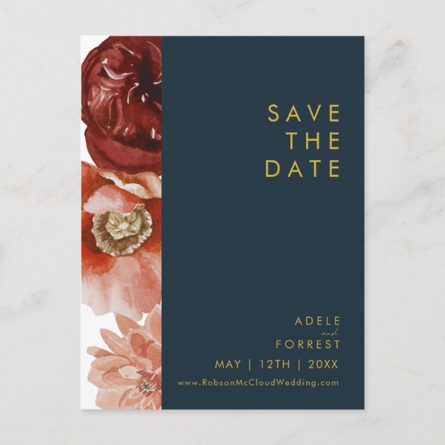 Marsala Autumn Floral Navy Save The Date Postcard (Front)
