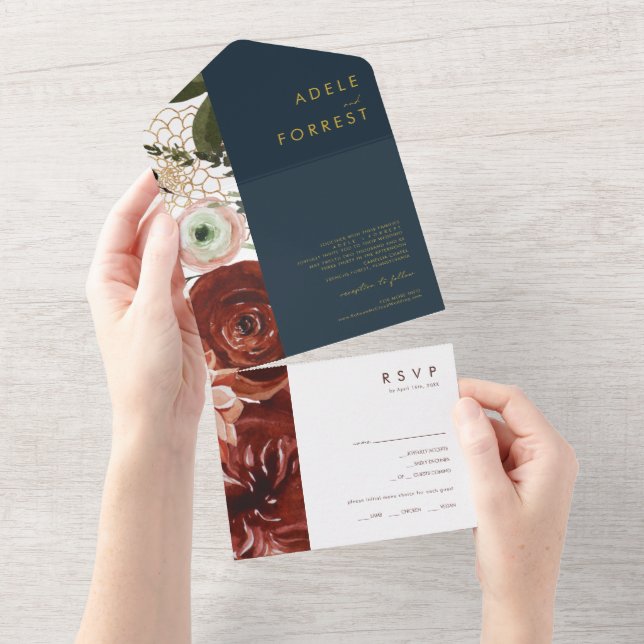Marsala Autumn Floral | Navy Seal And Send All In One Invitation (Tearaway)