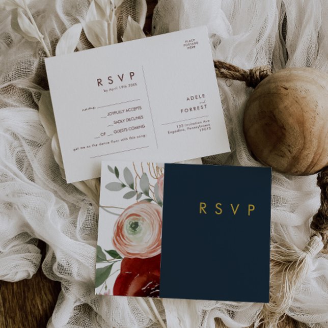 Marsala Autumn Floral Navy Song Request RSVP Card (Creator Uploaded)