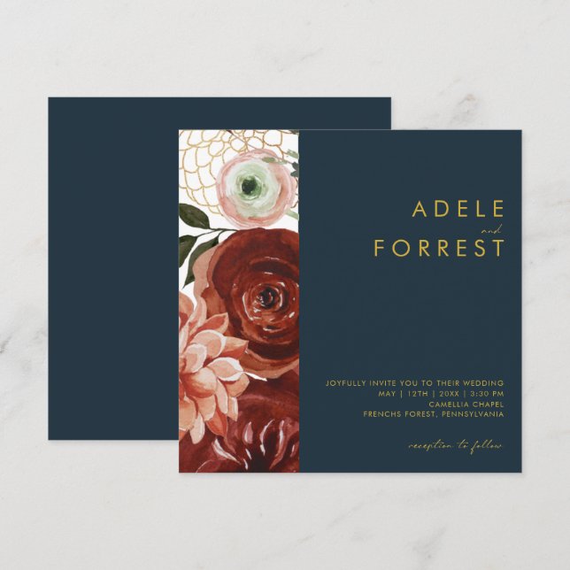 Marsala Autumn Floral | Navy Square Wedding Invitation (Front/Back)