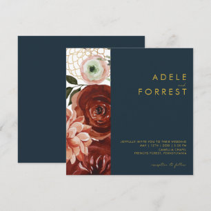 Marsala Autumn Floral   Navy Square Wedding Invitation