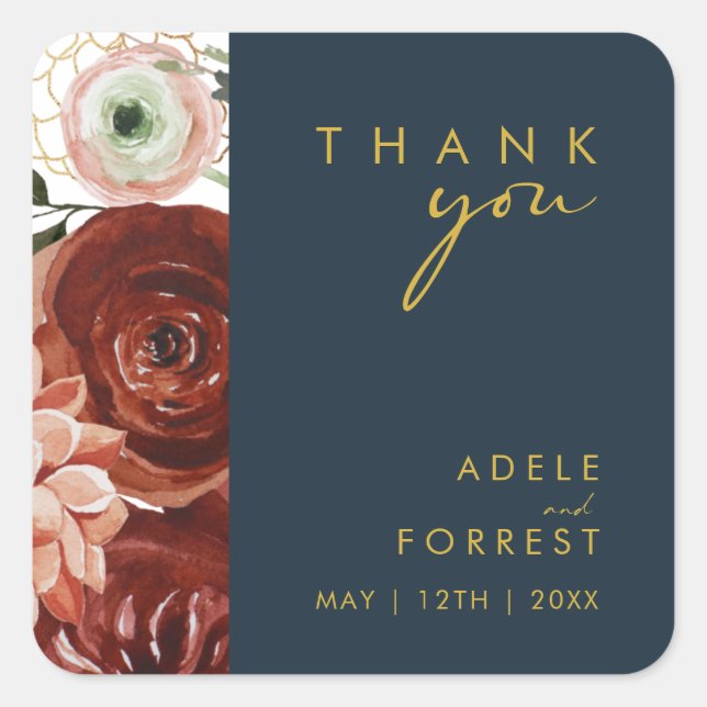 Marsala Autumn Floral | Navy Thank You Wedding Square Sticker (Front)