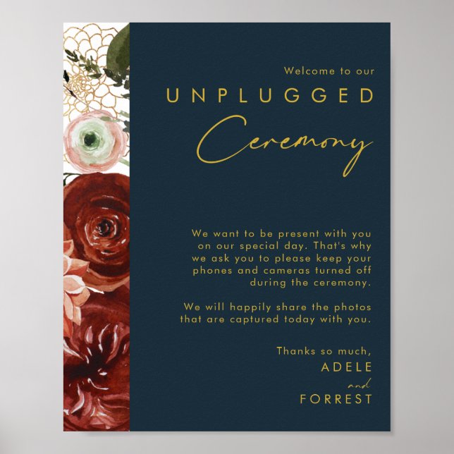 Marsala Autumn Floral | Navy Unplugged Ceremony Poster (Front)