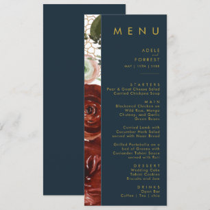 Marsala Autumn Floral Navy Wedding Dinner Menu