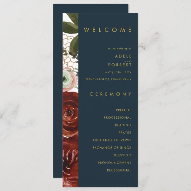 Marsala Autumn Floral | Navy Wedding Program Programme (Front/Back)