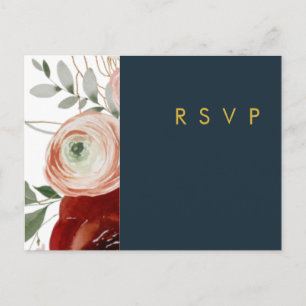 Marsala Autumn Floral Navy Wedding RSVP Postcard