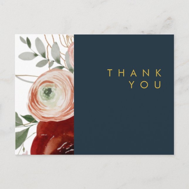 Marsala Autumn Floral | Navy Wedding Thank You Postcard (Front)