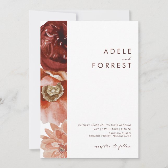 Marsala Autumn Floral | White All In One wedding Invitation (Front)