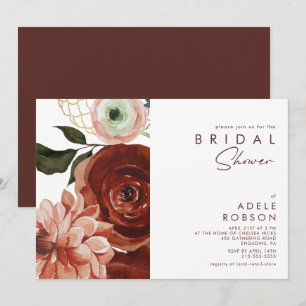 Marsala Autumn Floral   White Bridal Shower Invitation