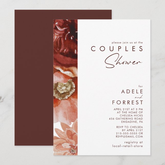 Marsala Autumn Floral | White Couples Shower Invitation (Front/Back)