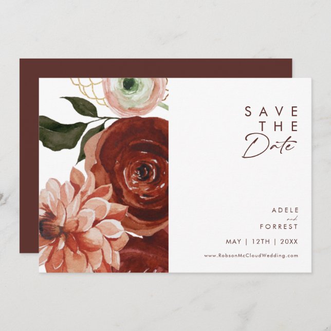 Marsala Autumn Floral | White Horizontal Save The Date (Front/Back)