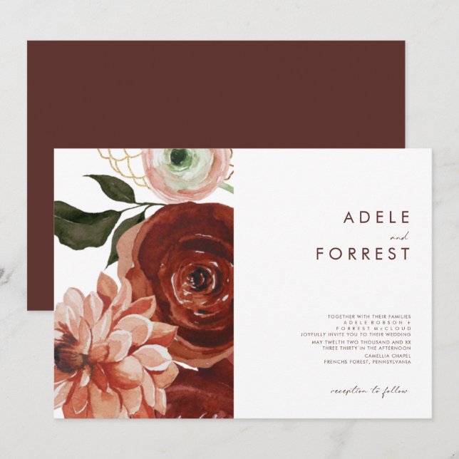 Marsala Autumn Floral | White Horizontal Wedding I Invitation (Front/Back)