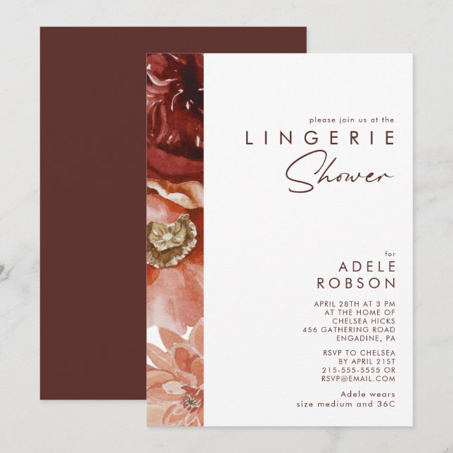 Marsala Autumn Floral | White Lingerie Shower Invitation (Front/Back)