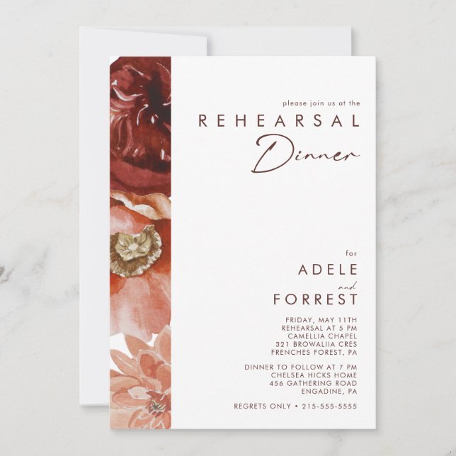 Marsala Autumn Floral | White Rehearsal Dinner Invitation (Front)
