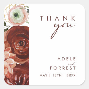 Marsala Autumn Floral   White Thank You Wedding Square Sticker