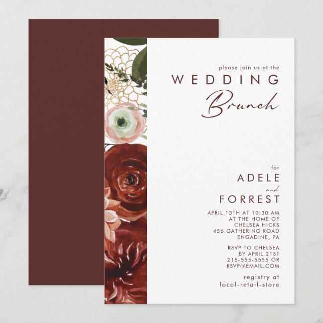 Marsala Autumn Floral | White Wedding Brunch Invitation (Front/Back)