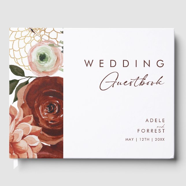Marsala Autumn Floral | White Wedding Guest Book (Front)