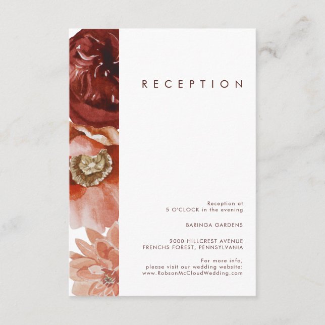 Marsala Autumn Floral White Wedding Reception Card (Front)