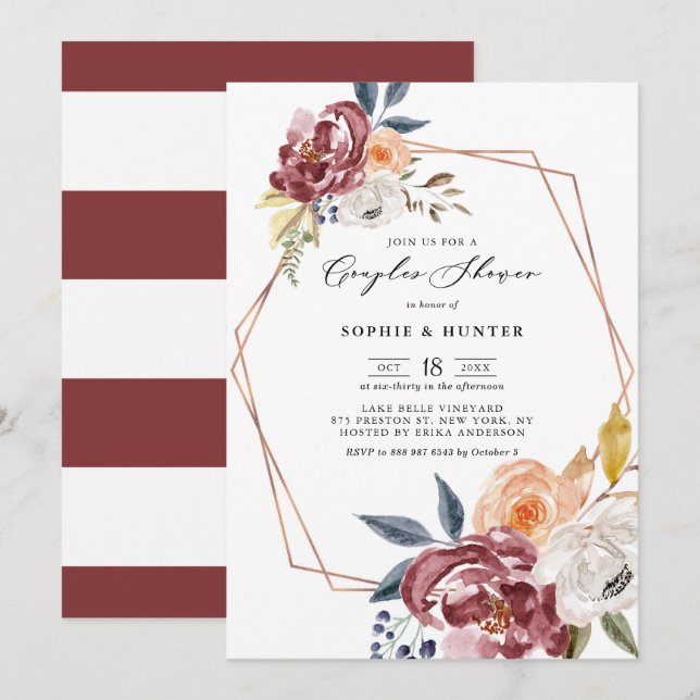 Marsala Autumn Flowers Geometric Couples Shower Invitation (Front/Back)