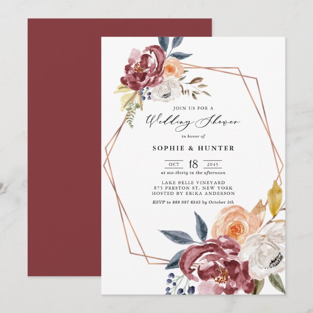 Marsala Autumn Flowers Geometric Wedding Shower Invitation (Front/Back)