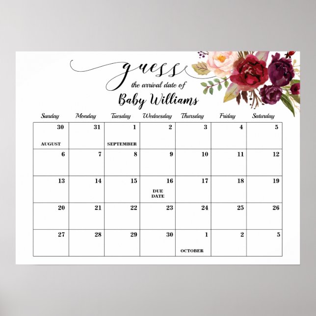 Marsala Baby Shower Guess Due Date Calendar Poster (Front)